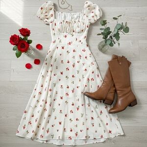 Romantic White And Red Red Rose Floral Midi Milkmaid Dress Size Small